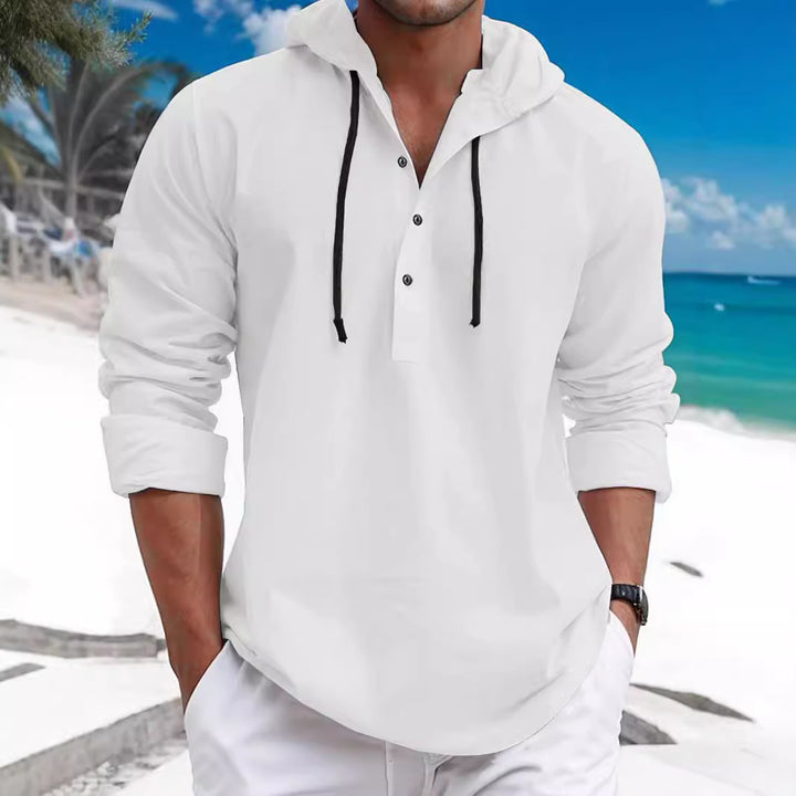 Men's summer hoodie henley with hidden button placket, drawstring and rounded hem Mune Fashion