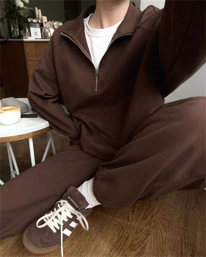 Women Two-Piece Sweatset with Stand-Up Collar Half-Zip and Relaxed Oversized Cut Mune Fashion