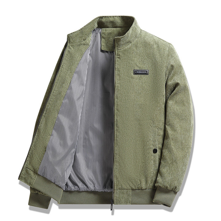 Men's fine corduroy jacket with stand-up collar, striped lining, and concealed snap pockets.