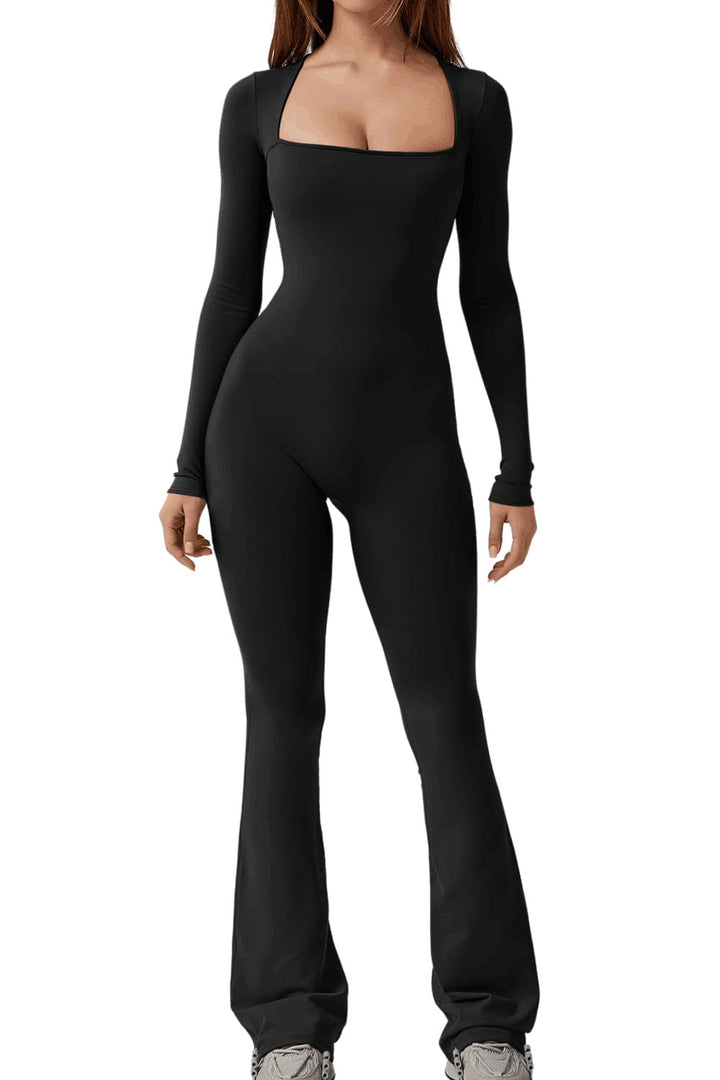 Women's figure-hugging jumpsuit with square neckline, long sleeves, and flared leg Mune Fashion