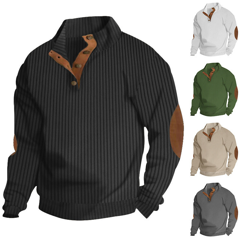 Men's chunky knit turtleneck with cable pattern, stand-up collar and leather elbow patches Mune Fashion
