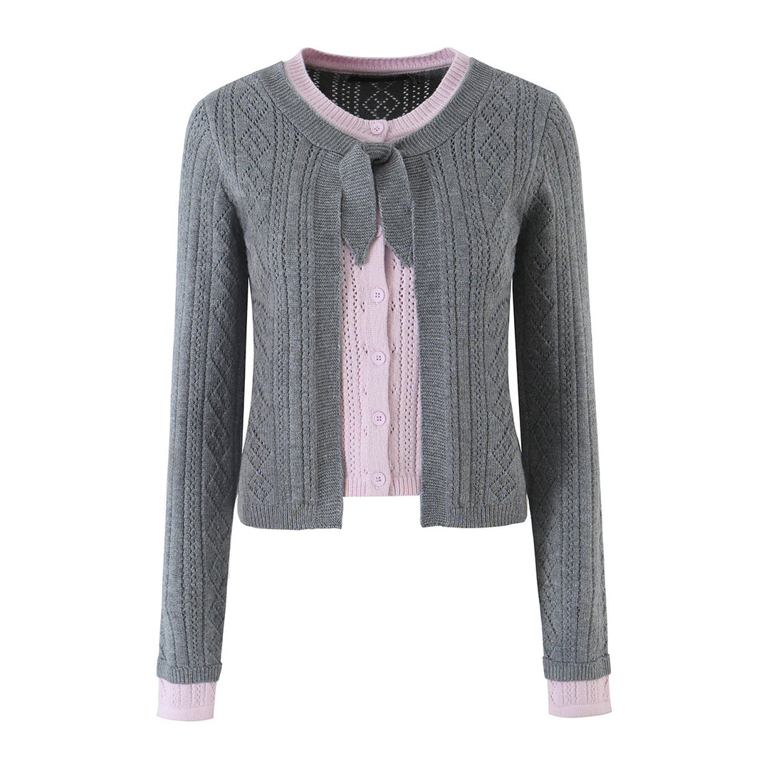 Women Fine Knit Two-Piece Cardigan with Bow Collar and Decorative Waistcoat Mune Fashion
