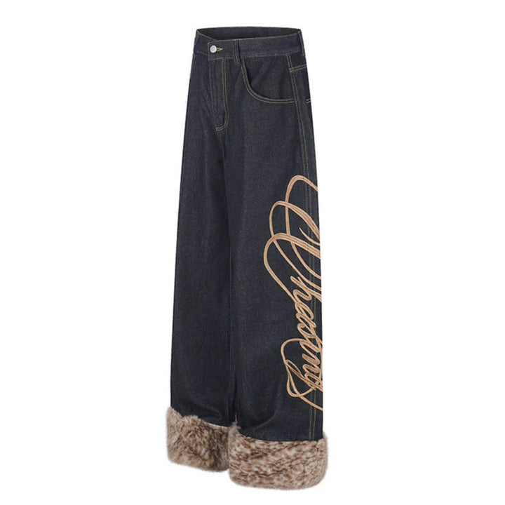 Women's denim palazzo pants with high waist, wide leg, side logo embroidery, and faux fur cuffs.