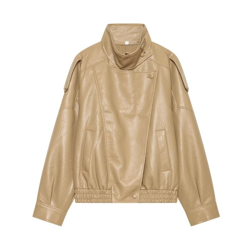 Women Faux Leather Bomber Jacket with High Stand Collar, Asymmetrical Closure and Elastic Hem Mune Fashion