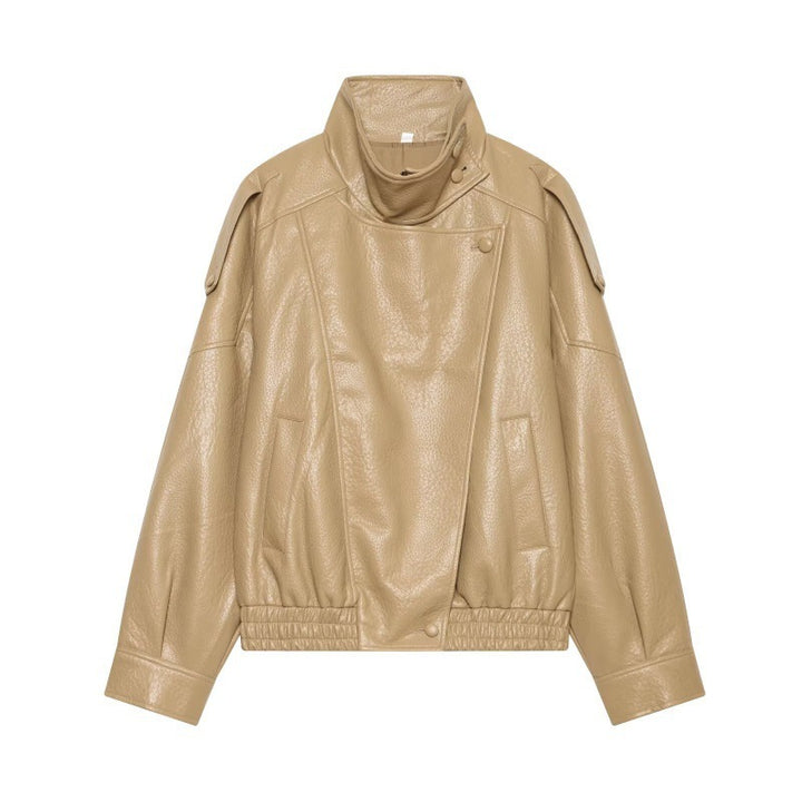 Women Faux Leather Bomber Jacket with High Stand Collar, Asymmetrical Closure and Elastic Hem Mune Fashion