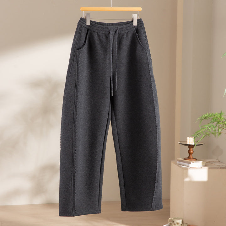 Women Relaxed-Fleece-Pants with High Waist, Drawstring and Decorative Side Seam Mune Fashion