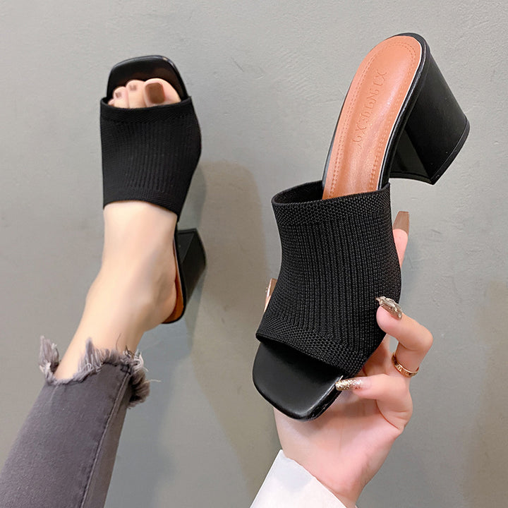 Women's knit mule with open toe area and medium high block heel Mune Fashion