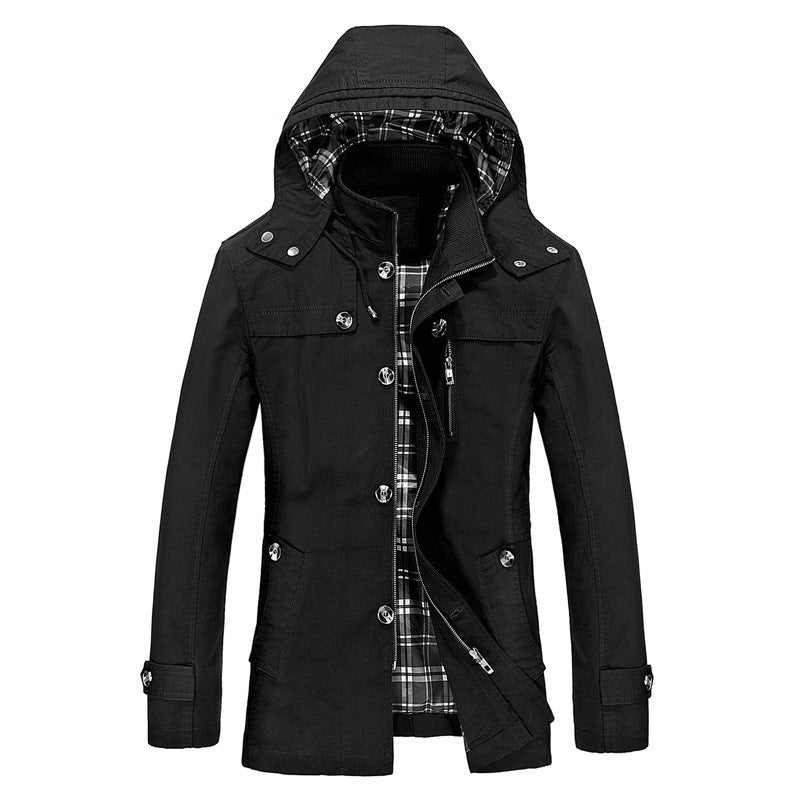 Men's water-repellent hooded field jacket with checked thermal lining, concealed zip placket, and functional pockets.