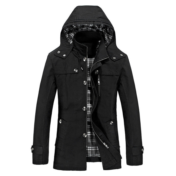 Men's water-repellent hooded field jacket with checked thermal lining, concealed zip placket, and functional pockets.