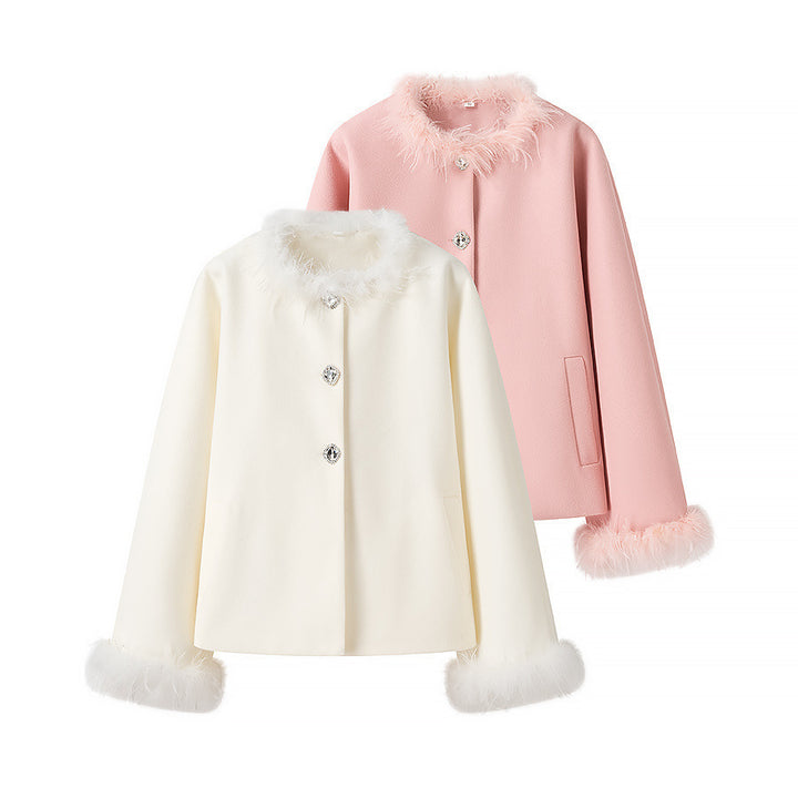 Women Elegant Short Coat with Faux Feather Trim and Decorative Buttons Mune Fashion