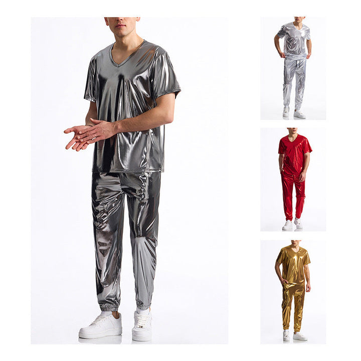 Men's Sporty Set Made Of Shiny Material with V-Neck Mune