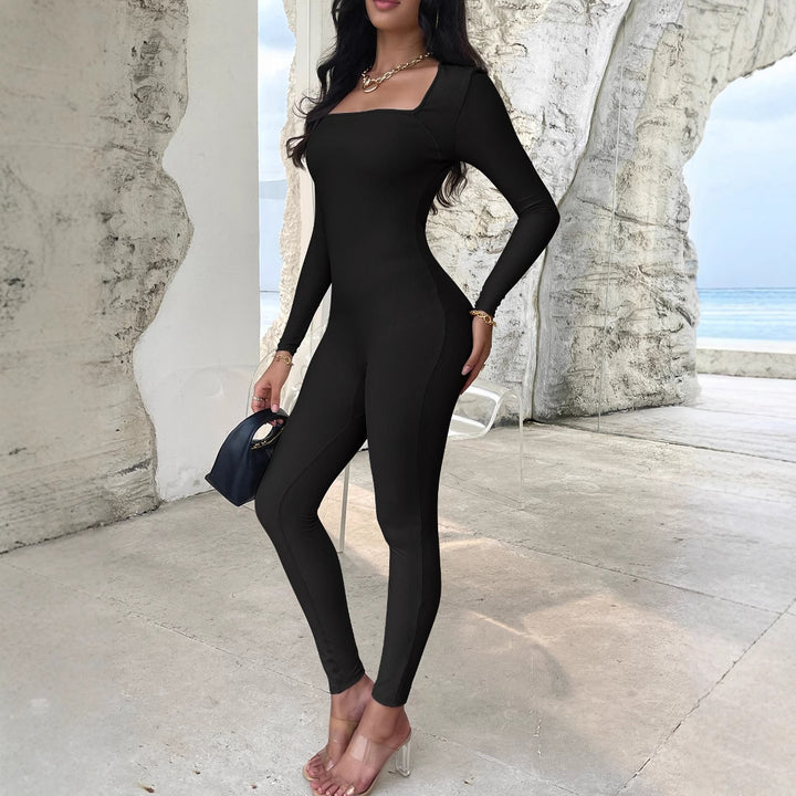 Women’s figure-hugging rib jumpsuit with square neckline, long sleeves and sculpting fit Mune Fashion