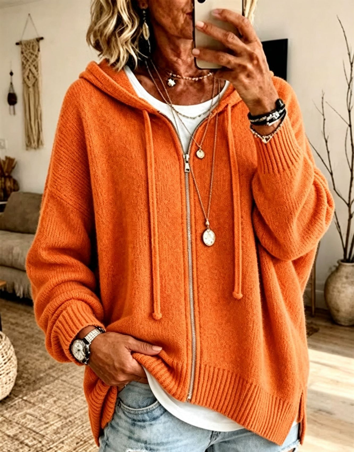 Women's Oversize Hooded Zip Cardigan made of soft fine knit Mune Fashion