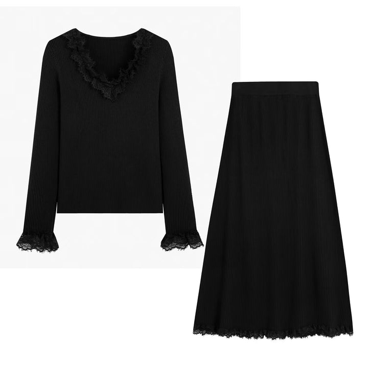 Women Two-Piece Ribbed Knit Set with Lace Trim Mune Fashion