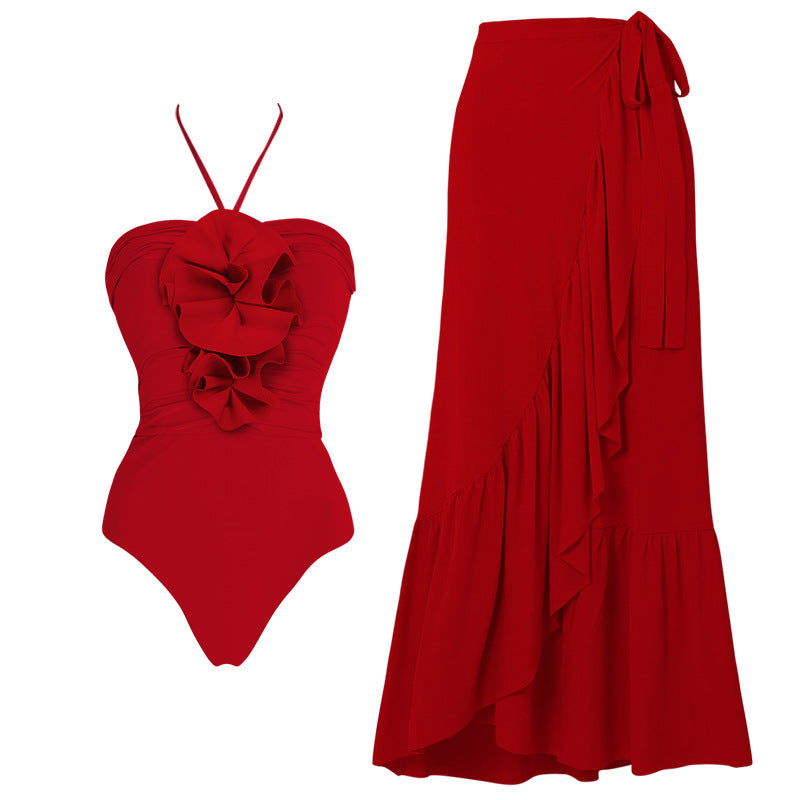 Ladies Elegant V-Neck Swimsuit with Decorative Floral Arrangement Mune Fashion