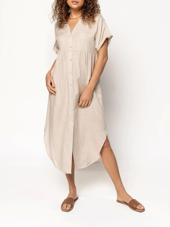 Ladies mid dress with button placket, V-neck and casual babydoll fit Mune Fashion