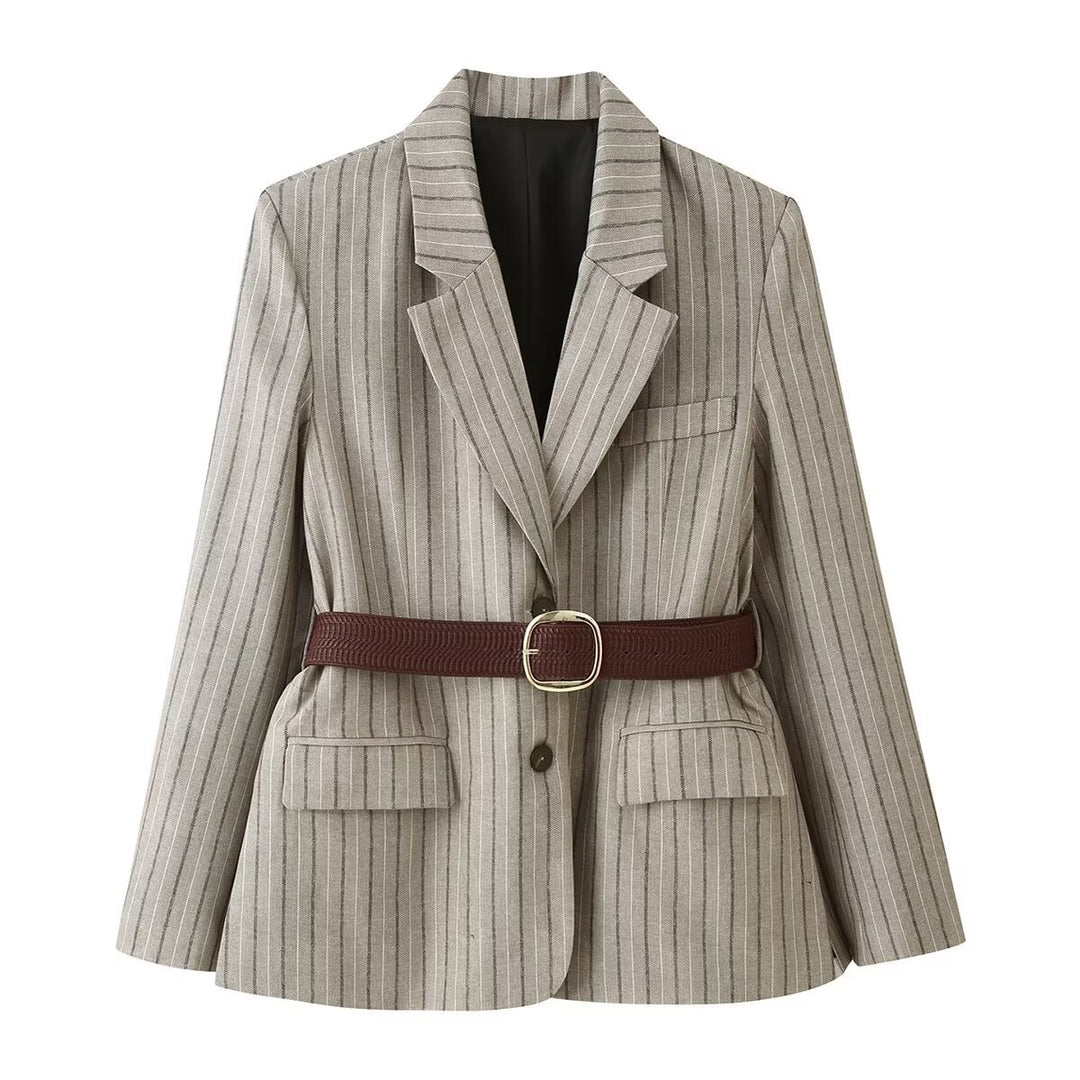 Women's Tailored Linen Blend Blazer with Pinstripes, Patch Pockets and Waist Belt Detail Mune Fashion