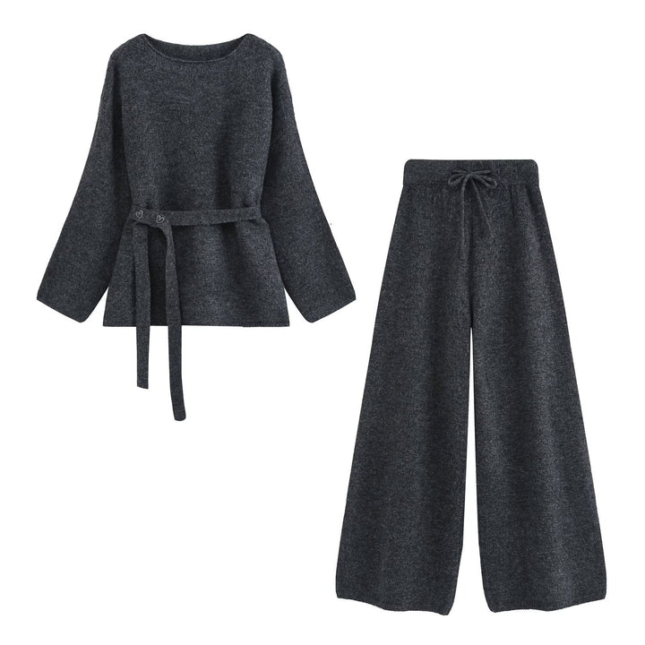 Women's Two-Piece Knit Lounge Set with Waist Belt and Wide Palazzo Pants Mune Fashion