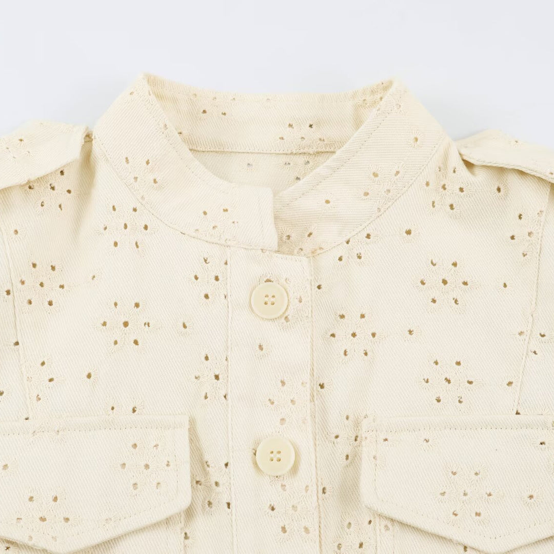 Ladies short jacket made of broderie anglaise with stand-up collar and patch pockets Mune Fashion