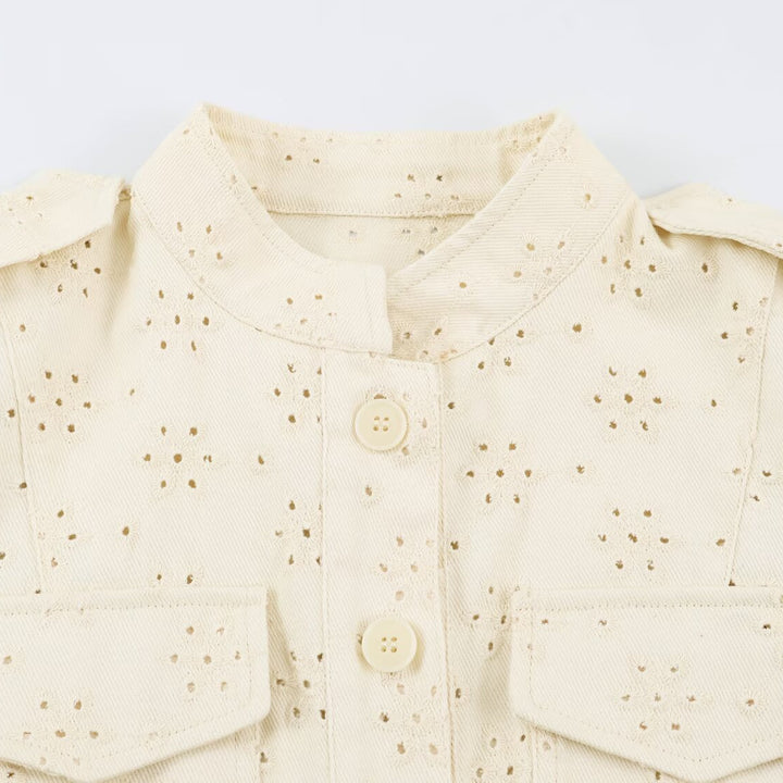Ladies short jacket made of broderie anglaise with stand-up collar and patch pockets Mune Fashion