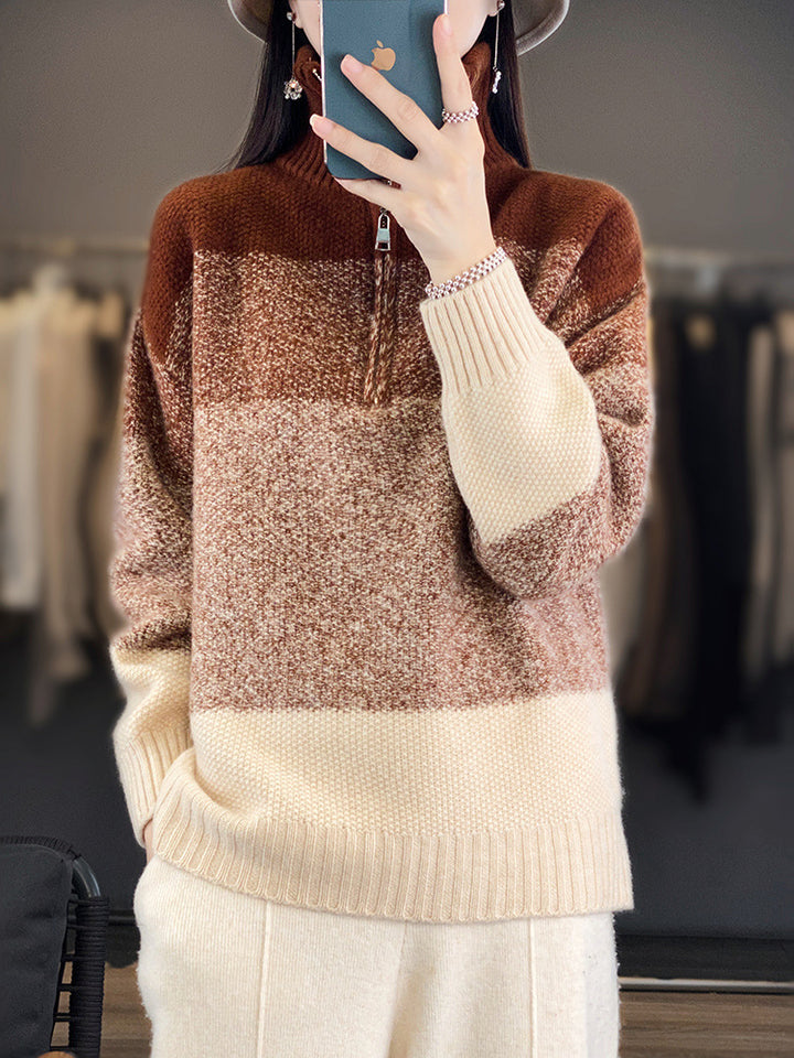 Women's Oversize Knit Sweater with Half Zip, Mélange Block Stripes and Soft Pile Mune Fashion