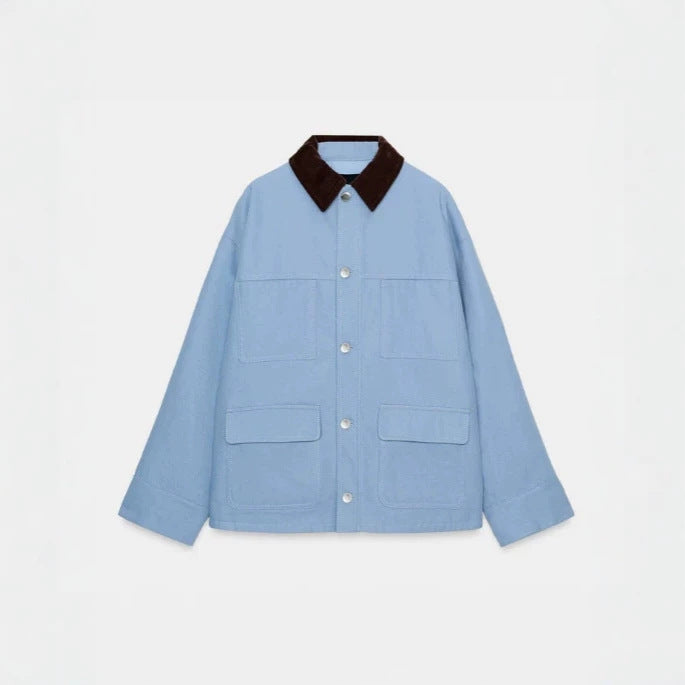 Women's short chore jacket made of canvas with cord collar and four patch pockets Mune Fashion