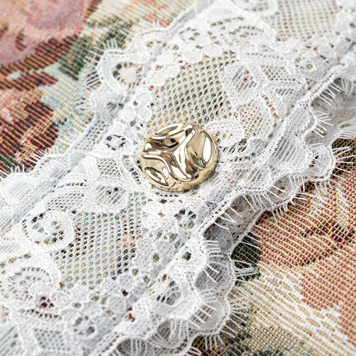 Women's elegant brocade waistcoat with floral jacquard texture, decorative buttons, and lace trim Mune Fashion