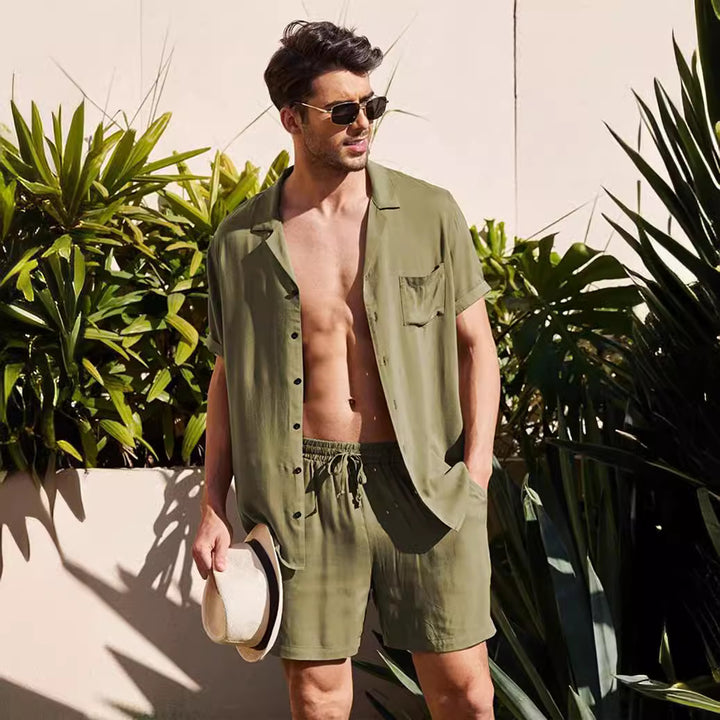 Men's two-piece summer casual ensemble with open collar shirt and elastic shorts Mune Fashion