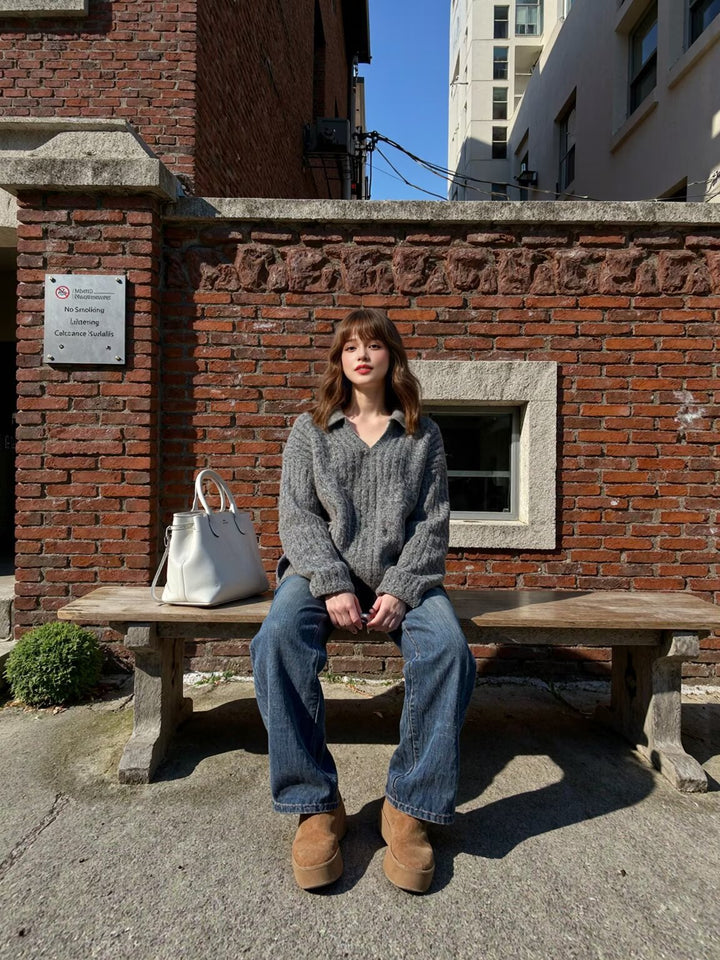 Women's Oversized Chunky Knit Set with Polo Collar and Midi Skirt Mune Fashion