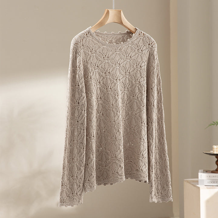 Ladies Fine Crochet Long Sleeve with Floral Openwork Structure and Casual Silhouette Mune Fashion