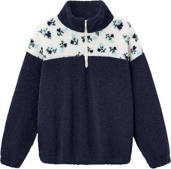 Women Teddy Fleece Pullover with Stand-up Collar, Floral Trim and Half Zipper Mune Fashion