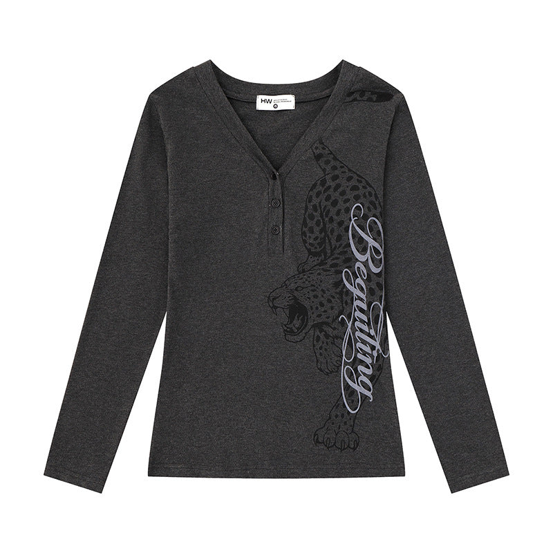 Women's Long Sleeve Henley Shirt with V-Neck and Large Panther Print Mune Fashion