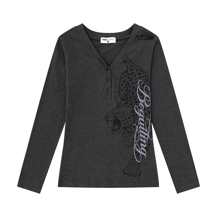 Women's Long Sleeve Henley Shirt with V-Neck and Large Panther Print Mune Fashion