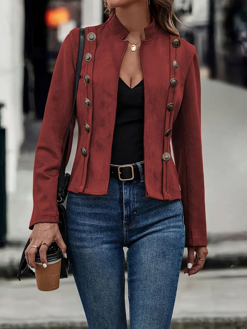 Women's fitted military short jacket with stand-up collar and decorative double button placket Mune Fashion
