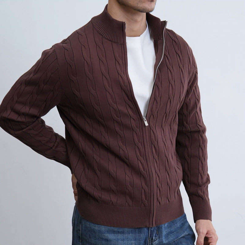 Men's Fine Cable Knit Half-Zip Cardigan with Ribbed Collar and Silver Zipper Mune Fashion