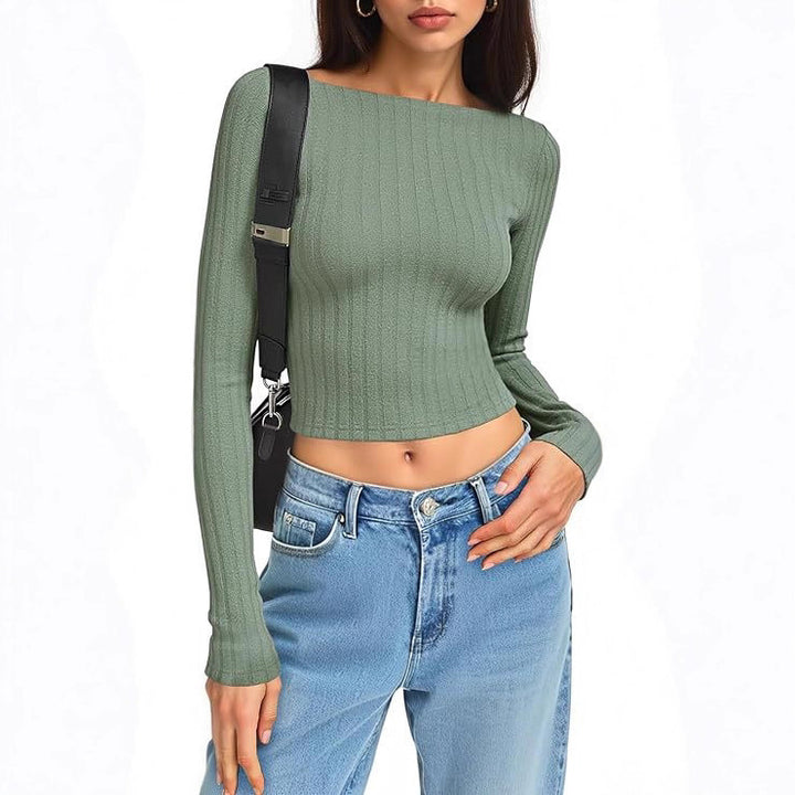Women's Fitted Ribbed Cropped Long Sleeve with Boat Neck and Stretch Cotton Blend Mune Fashion