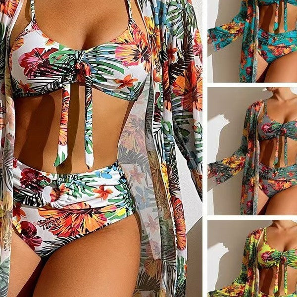Ladies Bikini Set with Floral Patterns and Airy Kimono Jacket Mune Fashion