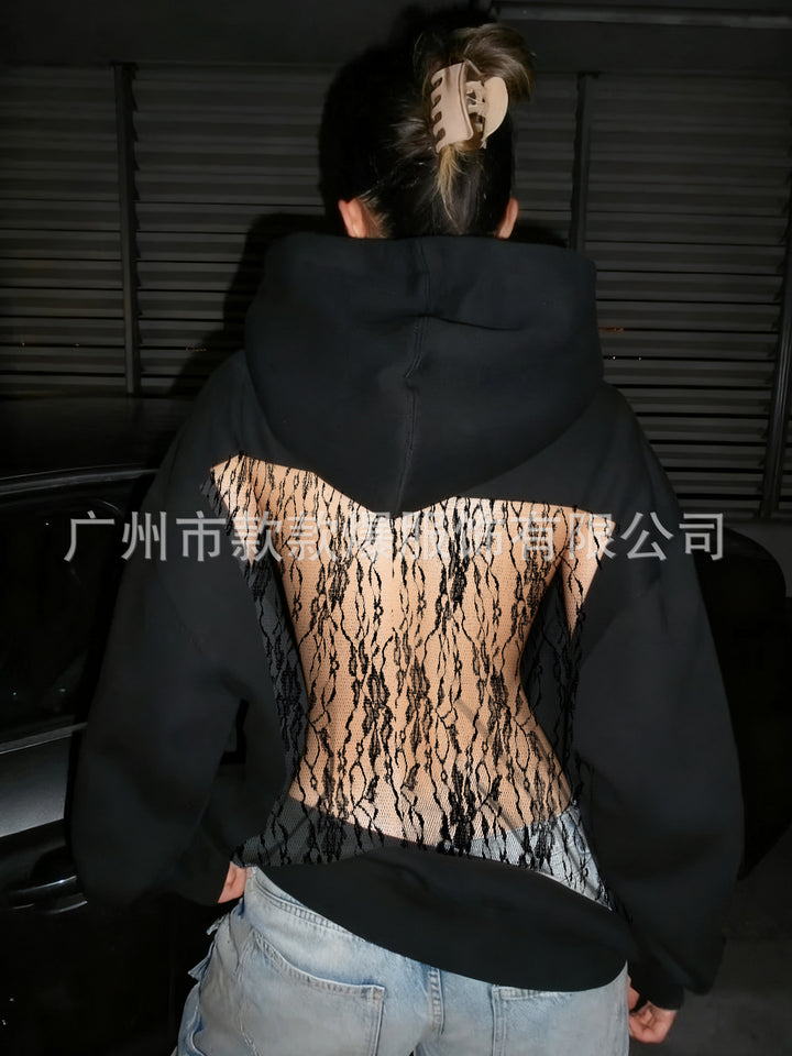 Women's hooded sweatshirt with transparent embroidered back section Mune Fashion