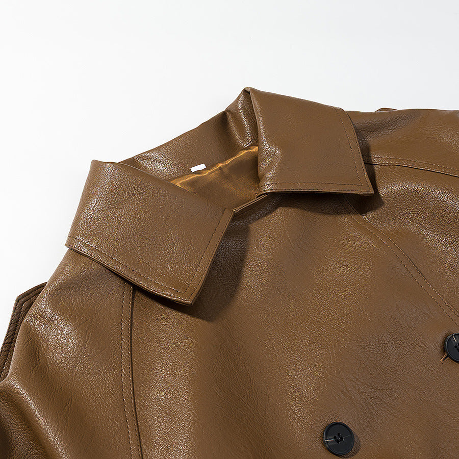 Women's short double-breasted faux leather trench jacket with belt and shoulder straps Mune Fashion