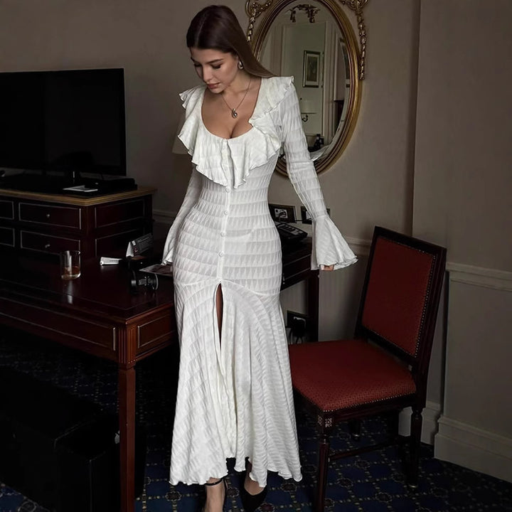 Women's Figure-Hugging Maxi Dress with Ruffle Neckline, Bell Sleeves, and Split Mune Fashion