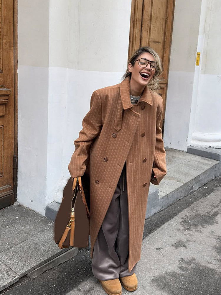 Women Double-Breasted Oversized Wool Blend Coat with Pinstripes and Loose Fit Mune Fashion