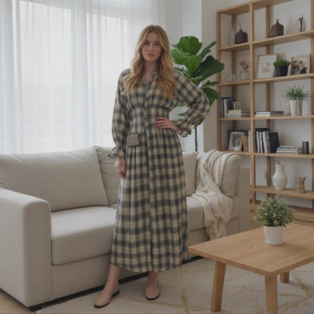 Ladies Max Dress in Checked Button-Up Blouse Style with Waist Belt and Ruffled Cuffs Mune Fashion