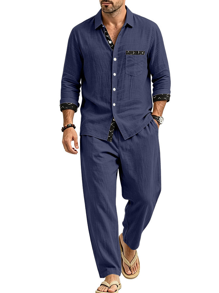 Men's Lightweight Linen Look Casual Set with Shirt and Relax Pants Mune Fashion