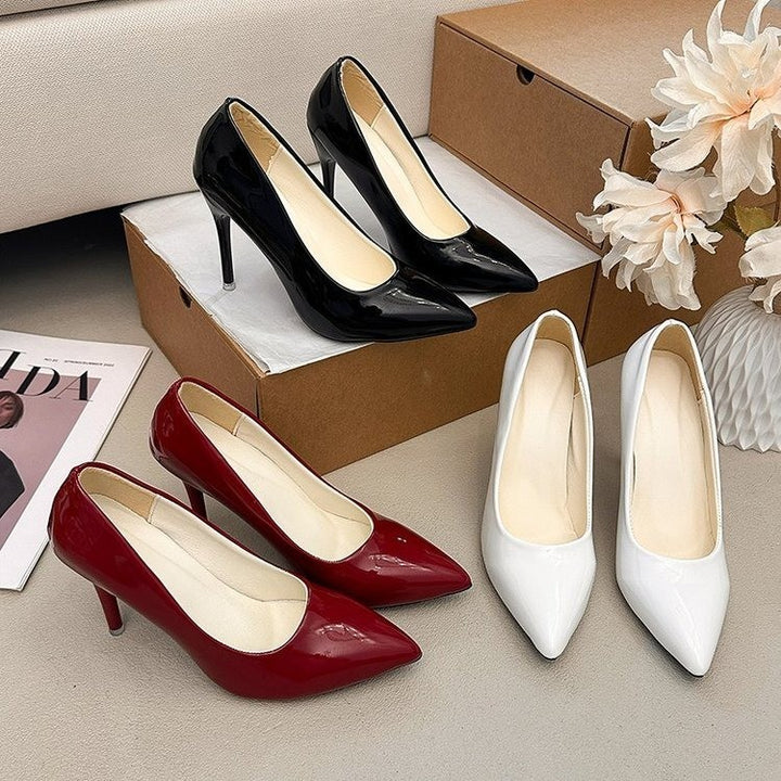 Ladies Elegant Patent Pumps with Pointed Toe, Padded Comfort Sole and Slim Stiletto Heel