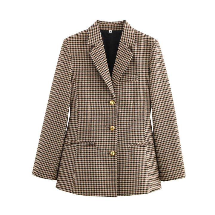 Women's classic single-breasted blazer in mini houndstooth with gold button placket and princess seams Mune Fashion