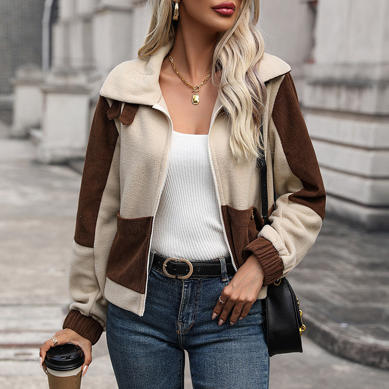 Women Oversize Fleece Jacket with Cord Inserts, Stand Collar and Snap Button Pockets Mune Fashion