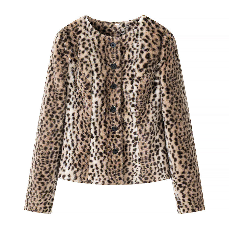 Women Short Faux Fur Jacket with Leopard Print and Round Neck Mune Fashion