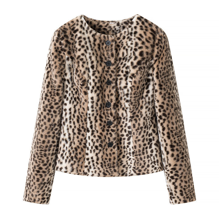 Women Short Faux Fur Jacket with Leopard Print and Round Neck Mune Fashion