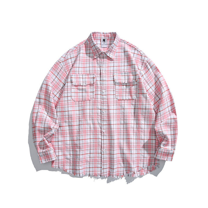 Unisex Boxy overshirt in checked linen blend with frayed hem and patch pockets Mune Fashion