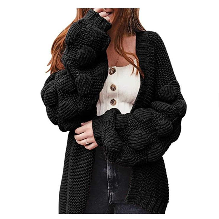 Damen Oversize Grobstrick-Cardigan mit Puffärmeln und offener Front Drune